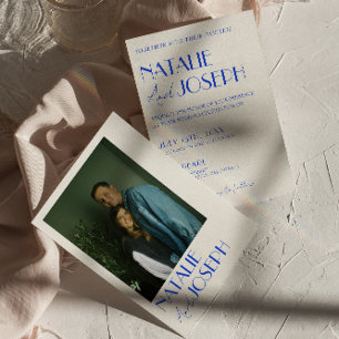 Convites Casamento com Fotografias Retro Francês Triz Azul 