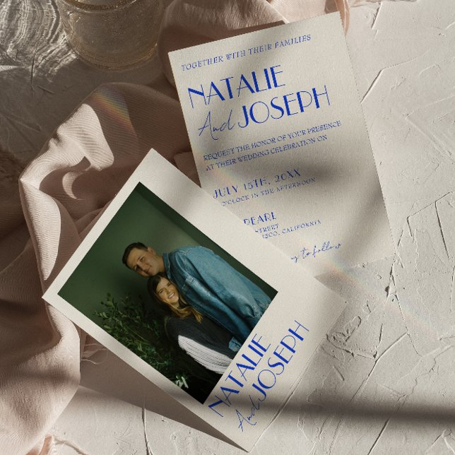 Convites Casamento com Fotografias Retro Francês Triz Azul  (Criador carregado)