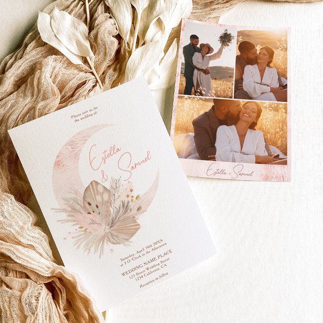 Convites Casamento com fotos da lua floral de pampas rústic (Criador carregado)