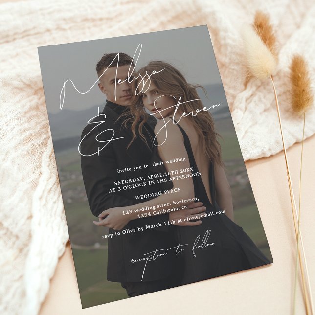 Convites Casamento com fotos de caligrafia com script de no (White names script calligraphy photo wedding invitation)
