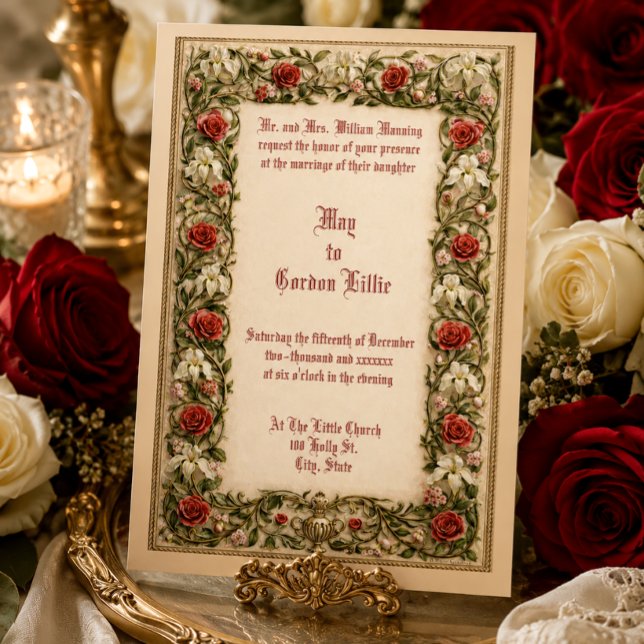 Convites Casamento com Fronteira de Vinha Floral Vermelha e (Criador carregado)