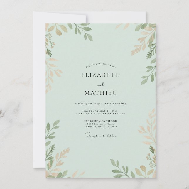 Convites Casamento com Galhos de Eucalipto em Dourado e Esp (Frente)