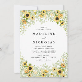 Convites Casamento com Girassóis em Aquarela e Folhagens