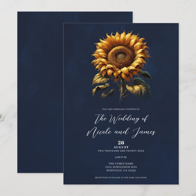 Convites Casamento com Girassóis Rústicos Azuis (Frente/Verso)