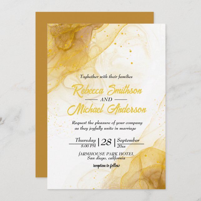 Convites Casamento com Glitter de Agato Dourado Amarelo Mod (Frente/Verso)