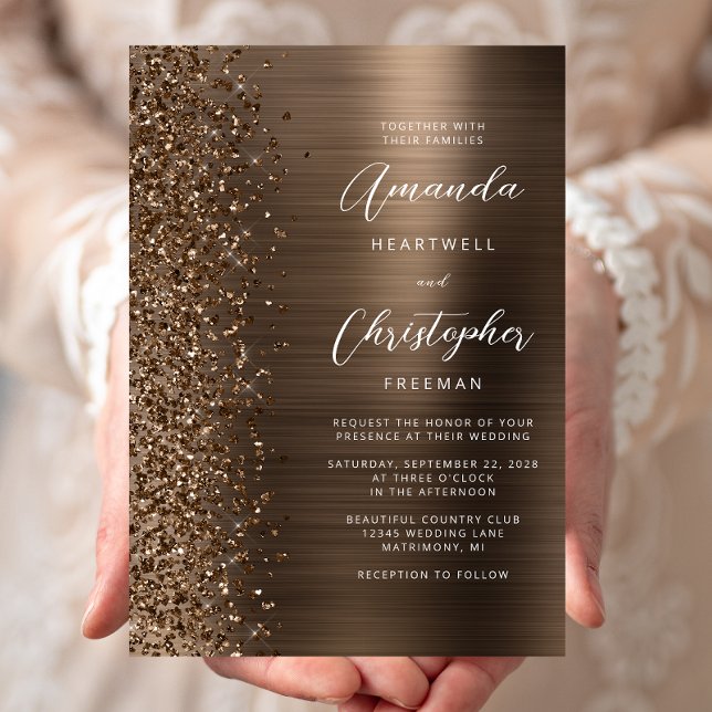 Convites Casamento com Glitter de Bronze Brutado em Metal (Criador carregado)