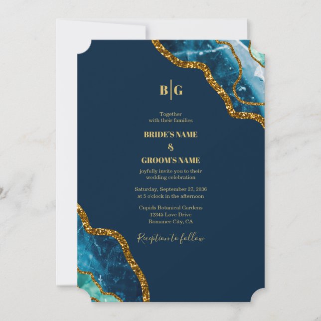 Convites Casamento com Glitter de Geodo Agato Azul e Dourad (Frente)