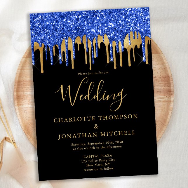 Convites Casamento com Glitter Dourado Azul Elegante Azul (Criador carregado)