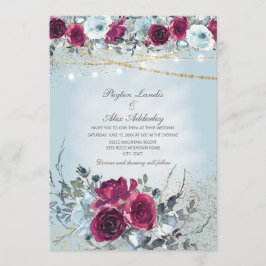 Convites Casamento com Glitter Floral Azul Poeira Borgonha