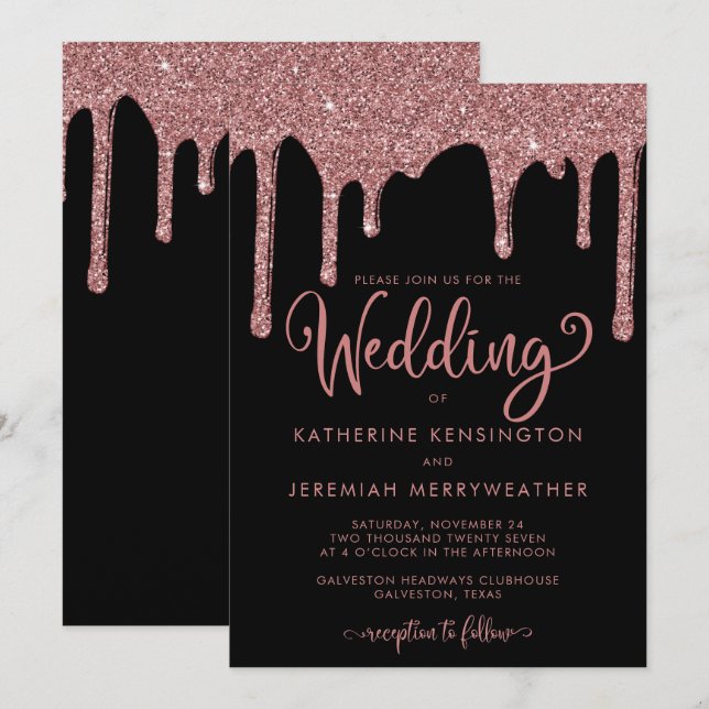 Convites Casamento com Glitter Glitter Glicor Rosa Dourado  (Frente/Verso)