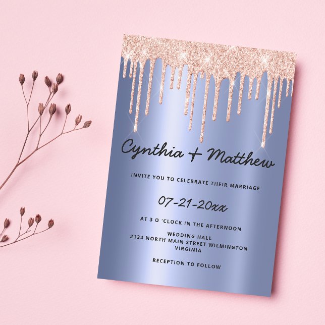 Convites Casamento com gotejamento de rosa ouro com gradien (Blush blue gradient rose gold glitter drip wedding)