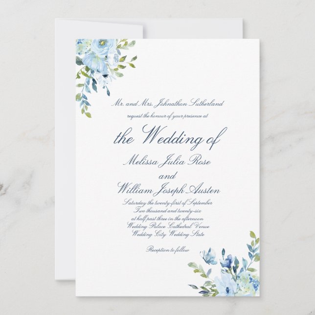 Convites Casamento com Grafia Botânica Azul Aquarela Fantas (Frente)