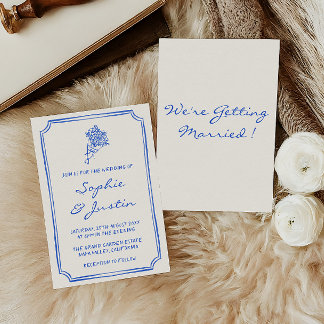 Convites Casamento com Grafia Manuscrita Floral Azul Elegan