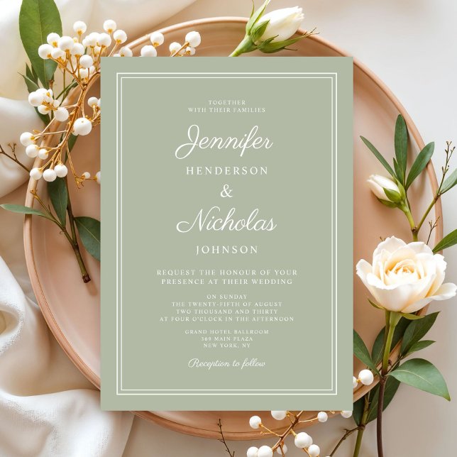 Convites Casamento com Grafia Moderna e Elegante em Verde S (Elegant Modern Sage Green Script Wedding Invitation)