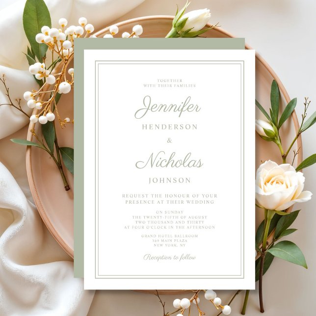 Convites Casamento com Grafia Moderna e Elegante em Verde S (Elegant Modern Sage Green Script Wedding Invitation)