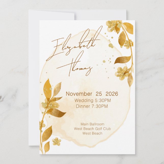 Convites Casamento com Grafismo Botânico Dourado de Outono  (Frente)