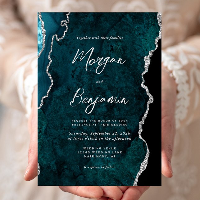 Convites Casamento com Grafismo Prateado em Ágata Azul Teal (Criador carregado)