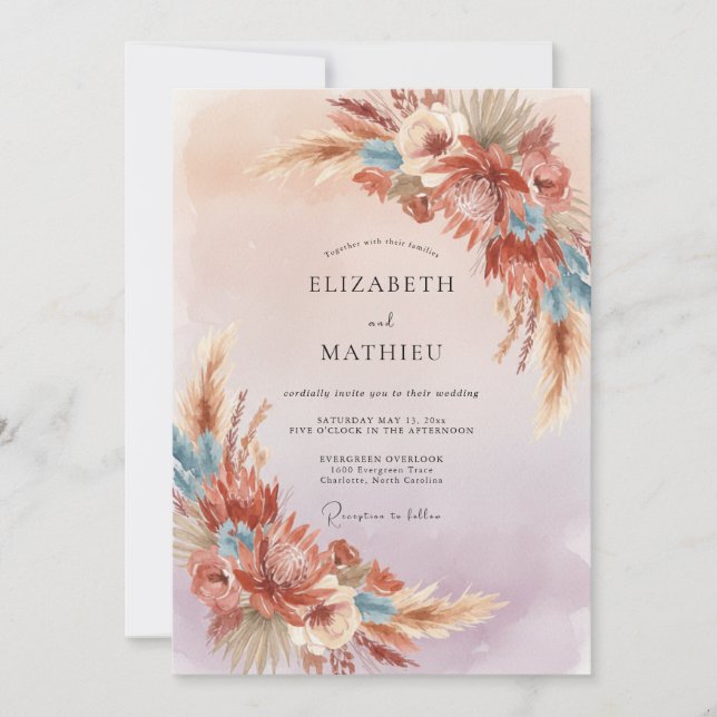 Convites Casamento com Grama Pampas Terracota e Eucalipto S (Frente)