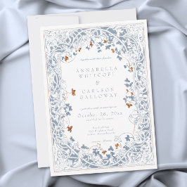 Convites Casamento com Gravura Azul e Dourada em Moldura de