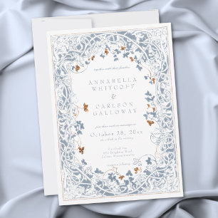 Convites Casamento com Gravura Azul e Dourada em Moldura de
