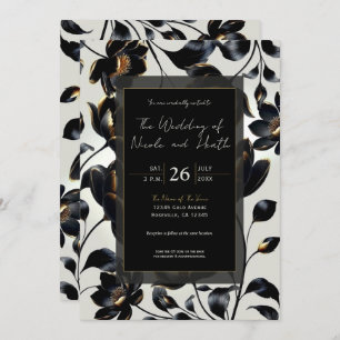 Convites Casamento com Greige Floral Preto e Dourado