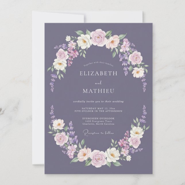 Convites Casamento com Grinalda de Flor de Malva (Frente)