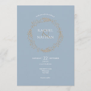 Convites Casamento com Grinalda de Louro Floral Azul Empoei
