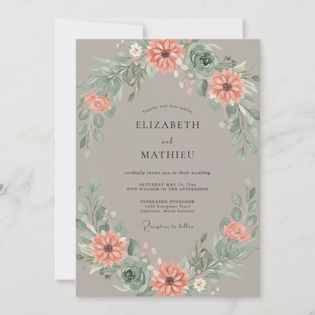 Convites Casamento com Grinalda de Taupe Blush Peach (Frente)
