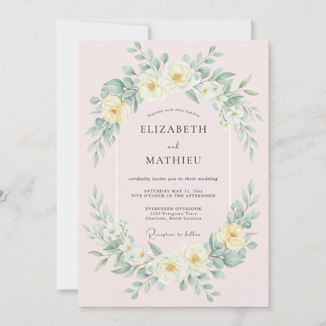 Convites Casamento com Grinalda Floral Amarela Pálida (Frente)