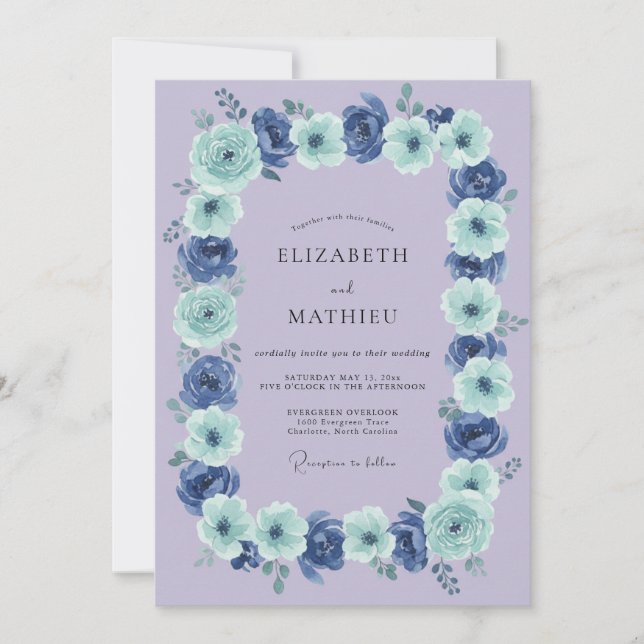 Convites Casamento com Grinalda Floral Azul (Frente)