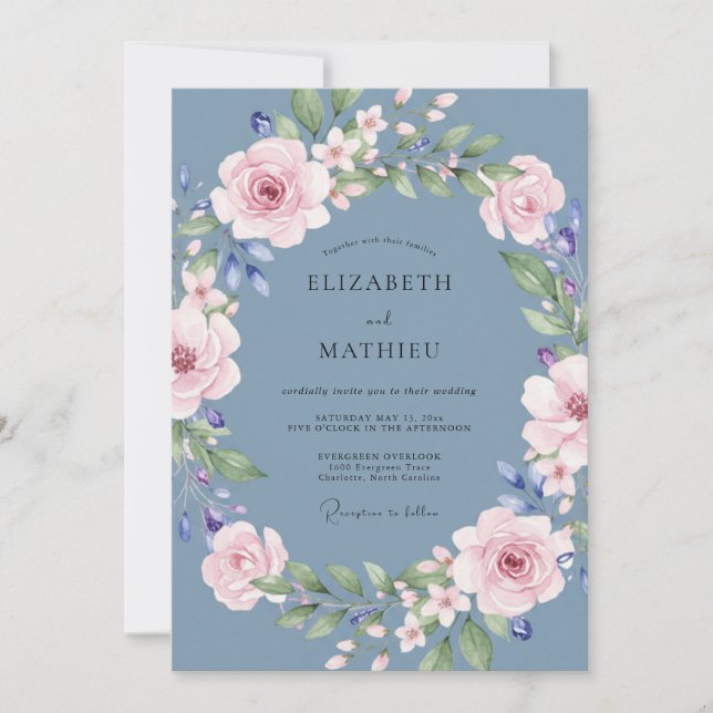 Convites Casamento com Grinalda Floral Azul Ardósia (Frente)