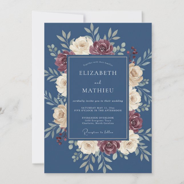 Convites Casamento com Grinalda Floral Azul Escuro (Frente)