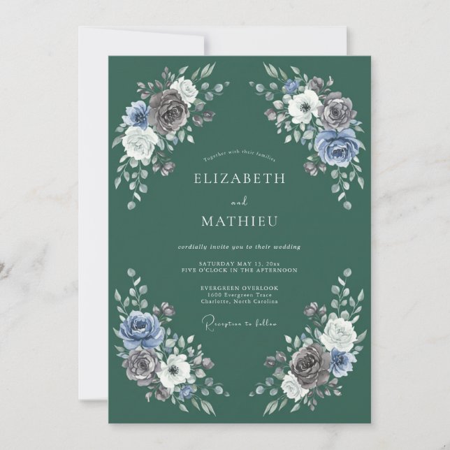 Convites Casamento com Grinalda Floral Azul Salvia (Frente)