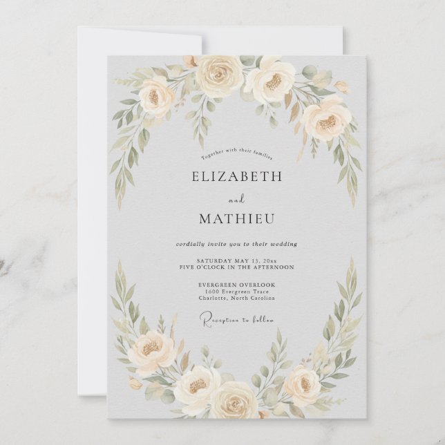 Convites Casamento com Grinalda Floral de Pêssego Pálido (Frente)