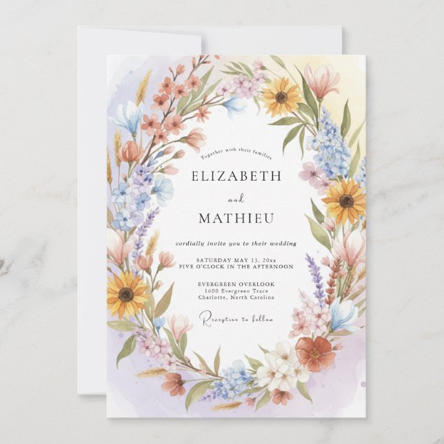 Convites Casamento com Grinalda Floral de Pêssego Suave (Frente)