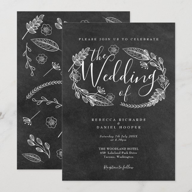Convites Casamento com Grinalda Floral Desenhada à Mão em Q (Frente/Verso)