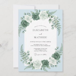 Convites Casamento com Grinalda Floral Romântica Azul Céu