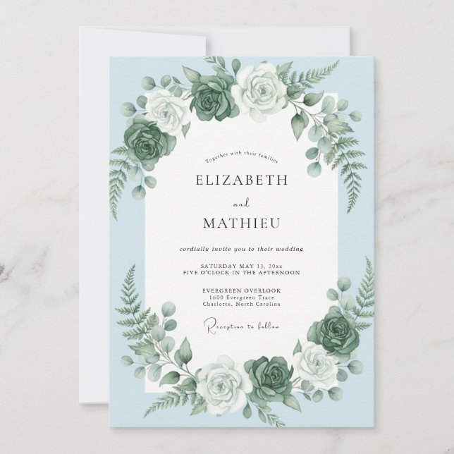 Convites Casamento com Grinalda Floral Romântica Azul Céu (Frente)