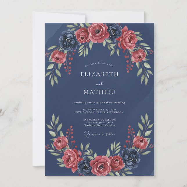 Convites Casamento com Grinalda Floral Romântica Naval (Frente)