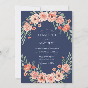 Convites Casamento com Grinalda Floral Rosa Bege e Azul Mar