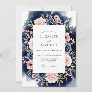 Convites Casamento com Grinalda Floral Rosa Navy
