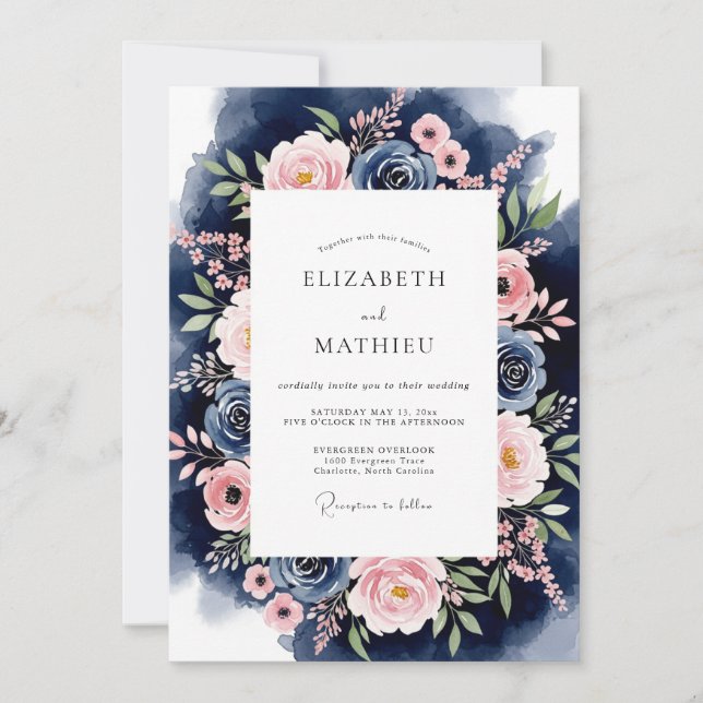 Convites Casamento com Grinalda Floral Rosa Navy (Frente)