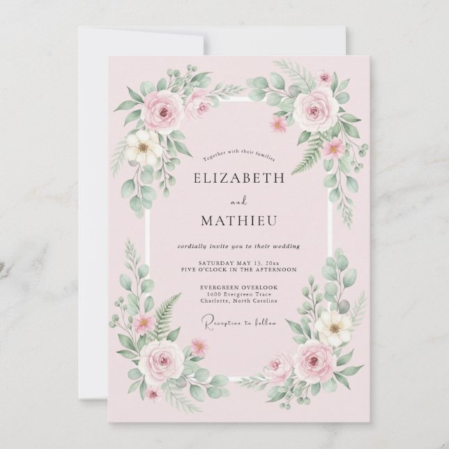Convites Casamento com Grinalda Floral Rosa Pálido (Frente)