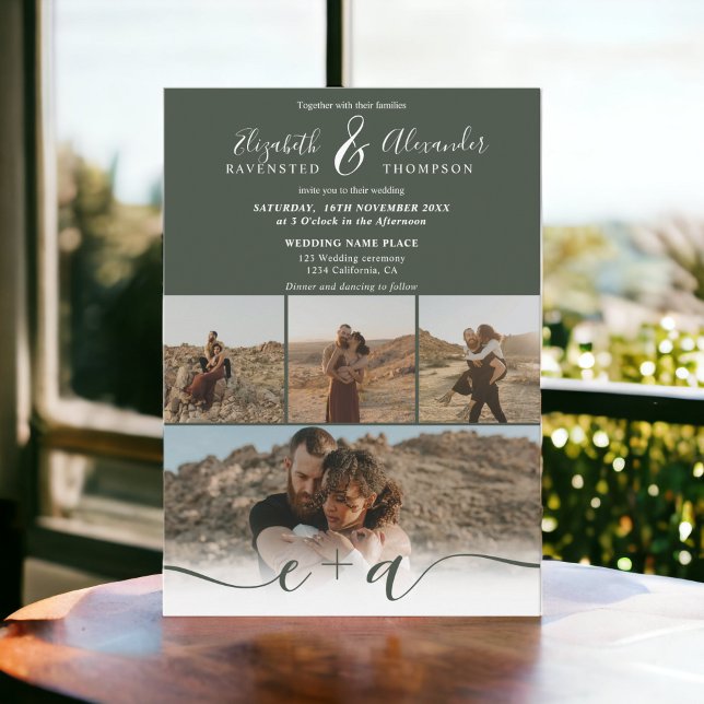 Convites Casamento com guião verde da floresta moderna 5 Fo (Modern forest green chic 5 Photos script wedding Invitation)