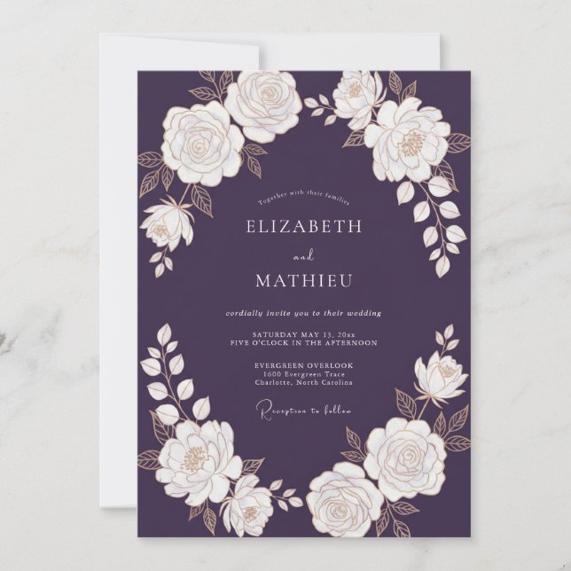 Convites Casamento com Guirlanda de Marfim de Berinjela (Frente)
