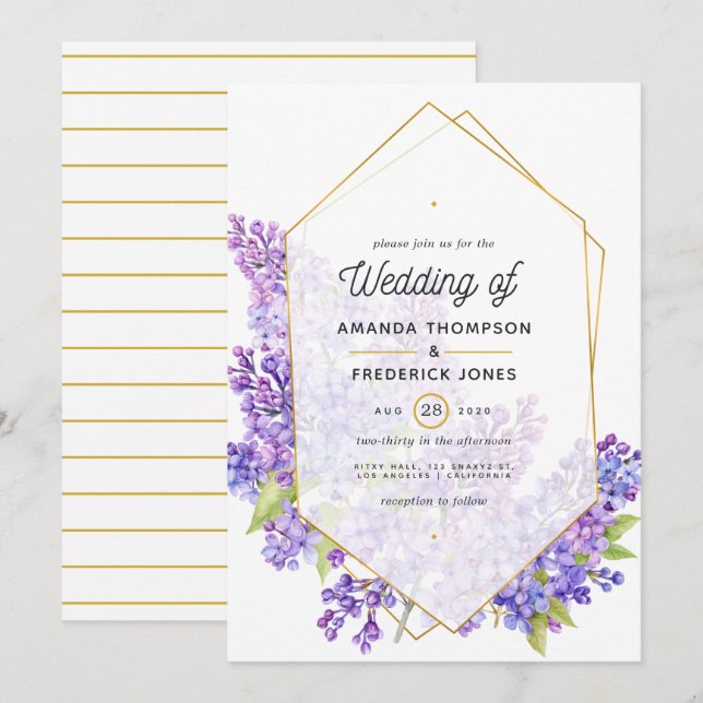 Convites Casamento com Herbário Geométrico Violeta Pastel e (Frente/Verso)