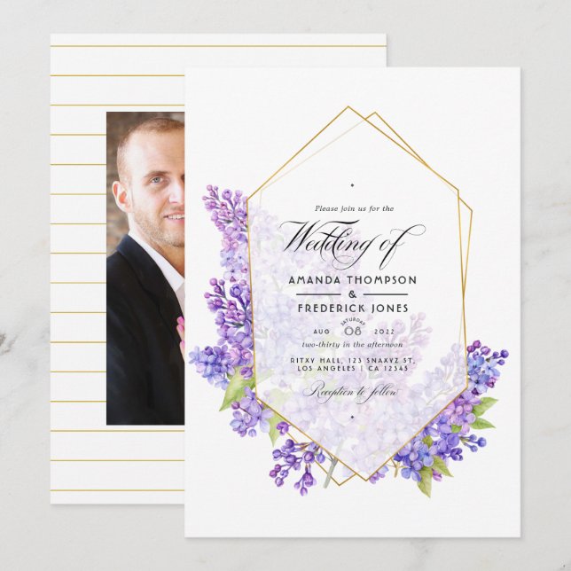 Convites Casamento com Herbário Geométrico Violeta Pastel e (Frente/Verso)