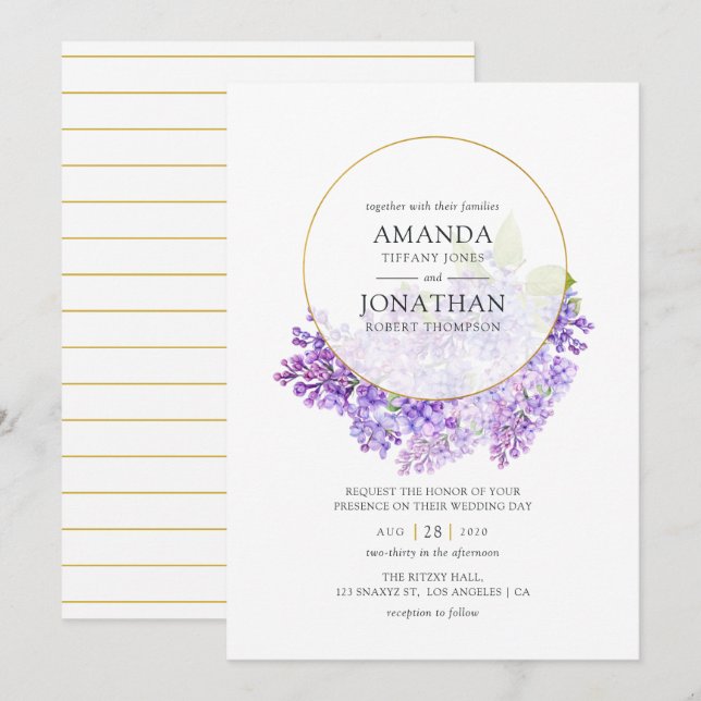 Convites Casamento com Herbário Geométrico Violeta Pastel e (Frente/Verso)