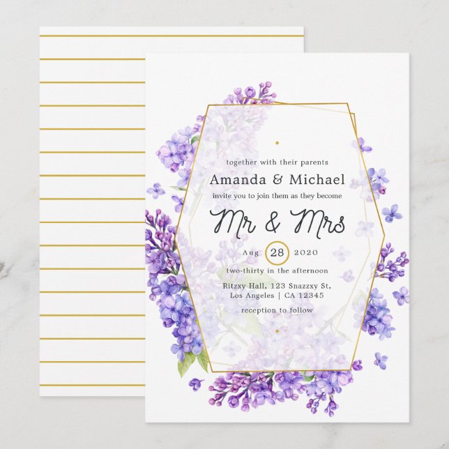 Convites Casamento com Herbário Geométrico Violeta Pastel e (Frente/Verso)