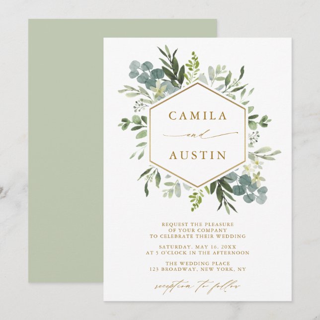 Convites Casamento com Hexágono Dourado Elegante Greenery (Frente/Verso)